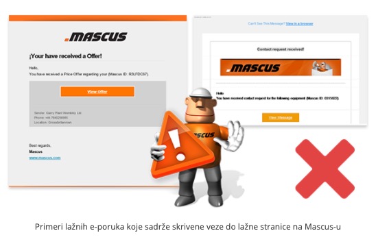 Primeri lažnih e-poruka koje sadrže skrivene veze do lažne stranice na Mascus-u