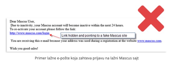Primer lažne e-pošte koja zahteva prijavu na lažni Mascus sajt